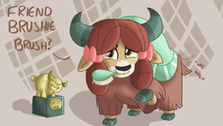 Size: 1738x990 | Tagged: safe, artist:sintakhra, character:yona, species:yak, tumblr:studentsix, "best yak" trophy, bow, brush, cloven hooves, cute, female, hair bow, monkey swings, mouth hold, solo, tail wag, weapons-grade cute, yonadorable