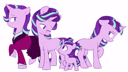 Size: 5659x3219 | Tagged: safe, artist:chub-wub, part of a set, character:starlight glimmer, species:pony, species:unicorn, episode:the last problem, g4, my little pony: friendship is magic, absurd resolution, age progression, blank flank, cute, equal cutie mark, female, filly, filly starlight glimmer, floppy ears, glimmerbetes, headmare starlight, mare, multeity, older, older starlight glimmer, one eye closed, open mouth, ponidox, profile, s5 starlight, self ponidox, simple background, time paradox, white background, wink, younger