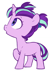 Size: 1130x1518 | Tagged: safe, artist:chub-wub, character:starlight glimmer, species:pony, species:unicorn, cute, female, filly, filly starlight glimmer, glimmerbetes, looking up, pigtails, raised hoof, ribbon, simple background, solo, white background, younger