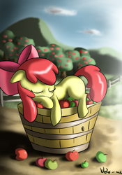 Size: 2000x2850 | Tagged: safe, artist:neko-me, character:apple bloom, species:earth pony, species:pony, adorabloom, apple, apple tree, bucket, cute, female, filly, sleeping, solo, tree