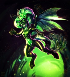 Size: 1600x1760 | Tagged: safe, artist:kp-shadowsquirrel, character:queen chrysalis, species:anthro, species:changeling, species:unguligrade anthro, armpits, breasts, featureless breasts, female, green tongue, open mouth, scales, solo, spread wings, wing claws, wings