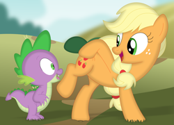 Size: 3527x2543 | Tagged: safe, artist:porygon2z, character:applejack, character:spike, species:dragon, species:earth pony, species:pony, ship:applespike, applebutt, butt, eyes on the prize, female, male, mare, missing accessory, shipping, straight
