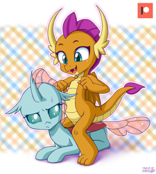 Size: 901x1000 | Tagged: safe, artist:uotapo, character:ocellus, character:smolder, species:changeling, species:dragon, species:reformed changeling, cute, diaocelles, dragoness, dragons riding changelings, duo, female, ocellus is not amused, open mouth, patreon, patreon logo, prone, smolderbetes, sweat, sweatdrop, unamused, uotapo is trying to murder us, uotapo will kill us all