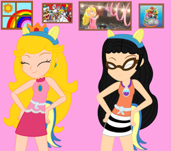 Size: 2433x2151 | Tagged: safe, artist:chlaneyt, artist:user15432, base used, oc, oc:aaliyah, species:human, episode:shake your tail, g4, my little pony: equestria girls, my little pony:equestria girls, aaliyah, amiibo, amulet, barely eqg related, bowser, cappy, cappy (mario), clothing, crossover, crown, dancing, dress, ear piercing, earring, equestria girls style, equestria girls-ified, glasses, gymnastics, jewelry, luigi, mario, mario & sonic, mario & sonic at the london 2012 olympic games, mario & sonic at the olympic games, mario and sonic, mario and sonic at the olympic games, mario party, mario party 10, necklace, nintendo, olympics, pauline, piercing, princess peach, rainbow, regalia, rhythmic gymnastics, shaking, sports, sports outfit, sun, super mario bros., super mario odyssey, window, wondercolt ears, wondercolt tail, wondercolts