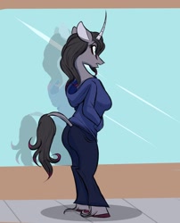 Size: 1238x1532 | Tagged: safe, artist:astr0zone, community related, character:oleander, species:anthro, species:pony, species:unguligrade anthro, them's fightin' herds, clothing, female, hands in pockets, hoodie, jeans, leonine tail, mare, pants, reflection, solo, unshorn fetlocks