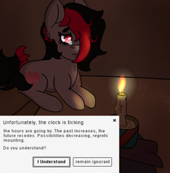 Size: 1082x1100 | Tagged: safe, artist:lazerblues, oc, oc only, oc:miss eri, species:earth pony, species:pony, bags under eyes, candle, crying, sad, solo