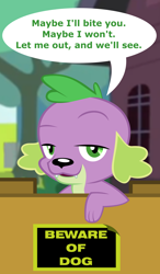Size: 1364x2331 | Tagged: safe, artist:red4567, character:spike, character:spike (dog), species:dog, my little pony:equestria girls, dogified meme, fence, meme, missing accessory, ponified meme, sign, smug, smugspike