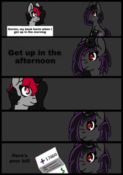 Size: 719x1020 | Tagged: safe, artist:lazerblues, oc, oc only, oc:deep rest, oc:miss eri, species:earth pony, species:pony, bags under eyes, bill, clothing, comic, dialogue, doctor, gloves