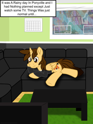 Size: 8608x11417 | Tagged: safe, artist:ejlightning007arts, oc, oc only, oc:ej, species:alicorn, species:pony, alicorn oc, carpet, clothing, comic, couch, horn, living room, lying down, ponyville, rain, shirt, table, television, wings
