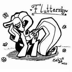 Size: 2080x2080 | Tagged: safe, artist:binkyt11, derpibooru original, character:fluttershy, species:pegasus, species:pony, butterfly, female, flower, looking down, mare, monochrome, raised hoof, shy, simple background, solo, traditional art, white background
