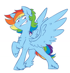 Size: 1478x1545 | Tagged: safe, artist:chub-wub, character:rainbow dash, species:pegasus, species:pony, alternate hairstyle, chest fluff, ear fluff, feathered fetlocks, female, leg fluff, mare, neck fluff, raised hoof, simple background, smiling, smug, solo, white background