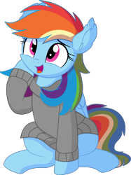 Size: 5766x7699 | Tagged: safe, artist:cyanlightning, character:rainbow dash, species:pegasus, species:pony, .svg available, absurd resolution, clothing, cute, dashabetes, ear fluff, female, folded wings, hoodie, looking up, mare, open mouth, simple background, sitting, solo, sweater, transparent background, vector, wings