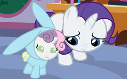 Size: 4352x2720 | Tagged: safe, artist:beavernator, character:rarity, character:sweetie belle, species:pony, baby, baby belle, baby pony, bunny belle, bunny costume, bunny pajamas, clothing, cute, diasweetes, filly, foal