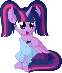 Size: 6190x7263 | Tagged: safe, artist:cyanlightning, character:twilight sparkle, character:twilight sparkle (alicorn), species:alicorn, species:pony, .svg available, alternate hairstyle, clothing, cute, ear fluff, female, folded wings, mare, off shoulder, off shoulder sweater, open mouth, pigtails, simple background, sitting, skirt, solo, sweater, transparent background, twiabetes, twintails, vector, wings
