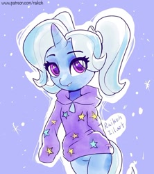 Size: 1024x1153 | Tagged: safe, artist:grissaecrim, character:trixie, species:pony, species:unicorn, alternate hairstyle, babysitter trixie, bipedal, blue background, clothing, colored pupils, cute, diatrixes, female, gameloft interpretation, hoodie, looking at you, mare, pigtails, simple background, solo