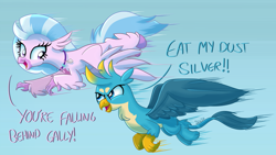Size: 1920x1080 | Tagged: safe, artist:sintakhra, character:gallus, character:silverstream, species:classical hippogriff, species:griffon, species:hippogriff, tumblr:studentsix, chest fluff, cute, diastreamies, duo, female, flying, gallabetes, male, racing, simple background, stair keychain, wings