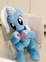 Size: 768x1024 | Tagged: safe, artist:nekokevin, character:trixie, species:pony, species:unicorn, chair, female, heart, hooves together, irl, looking at you, mare, photo, plushie, sitting, smiling, solo, underhoof