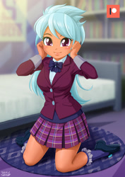Size: 707x1000 | Tagged: safe, artist:uotapo, character:frosty orange, equestria girls:friendship games, g4, my little pony: equestria girls, my little pony:equestria girls, bow tie, brushing hair behind ear, clothing, crystal prep academy uniform, cute, digital art, female, kneeling, looking at you, patreon, patreon logo, plaid, plaid skirt, pleated skirt, school uniform, shoes, skirt, smiling, socks, solo