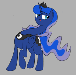Size: 689x681 | Tagged: safe, artist:astr0zone, part of a set, character:princess luna, species:alicorn, species:pony, commission, crown, female, gray background, jewelry, long neck, mare, necc, open mouth, part of a series, peytral, princess luneck, raised hoof, regalia, simple background, smiling, solo