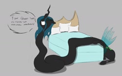 Size: 1280x796 | Tagged: safe, artist:astr0zone, character:queen chrysalis, species:changeling, bed, changeling queen, commission, dialogue, eyes closed, female, gray background, gritted teeth, impossibly long neck, long neck, necc, saggy, simple background, solo, speech bubble, stretchy, struggling, sweat, wiggle
