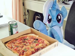 Size: 1024x768 | Tagged: safe, artist:nekokevin, character:trixie, species:pony, species:unicorn, can, female, food, irl, looking at you, mare, photo, pizza, pizza box, plushie, pointing, raised hoof, sitting, smiling, solo, underhoof