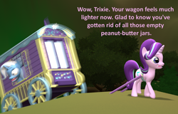 Size: 1640x1048 | Tagged: safe, artist:red4567, character:starlight glimmer, character:trixie, species:pony, newbie artist training grounds, 3d, atg 2020, hill, it's all downhill from here, oblivious, source filmmaker, that pony sure does love peanut butter, this will end in pain, this will not end well, trixie's wagon, uh oh