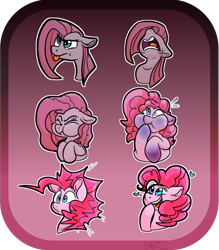 Size: 1750x2000 | Tagged: safe, artist:binkyt11, derpibooru original, character:pinkamena diane pie, character:pinkie pie, species:earth pony, species:pony, newbie artist training grounds, angry, atg 2020, blep, bust, cartoon physics, duality, female, heart, holding breath, mane, mare, puffy cheeks, solo, tongue out