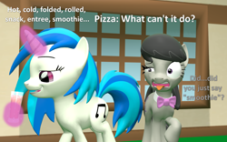 Size: 1734x1080 | Tagged: safe, artist:red4567, character:dj pon-3, character:octavia melody, character:vinyl scratch, species:pony, comic:zits, newbie artist training grounds, 3d, atg 2020, food, grossed out, pizza, reference, sfm pony, smoothie, source filmmaker