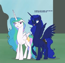 Size: 1280x1241 | Tagged: safe, artist:astr0zone, character:princess celestia, character:princess luna, species:alicorn, species:pony, dialogue, duo, duo female, female, floppy ears, impossibly long neck, long neck, looking at each other, mare, necc, open mouth, princess luneck, princess necklestia, raised hoof, royal sisters, sibling rivalry, siblings, sisters, smiling, smug, strolling, upset, walking