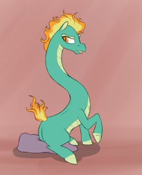 Size: 1038x1280 | Tagged: safe, artist:astr0zone, community related, character:tianhuo, species:dragon, species:longma, them's fightin' herds, female, hybrid, impossibly long neck, long neck, looking back, necc, open mouth, pillow, sitting, smiling, solo, underhoof