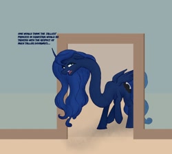 Size: 1280x1146 | Tagged: safe, artist:astr0zone, character:princess luna, species:alicorn, species:pony, annoyed, dialogue, disgruntled, doorway, ducking, female, floppy ears, impossibly long neck, long neck, mare, necc, open mouth, princess luneck, raised hoof, solo, twisted neck, upset