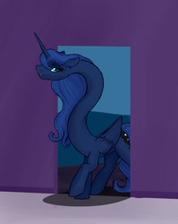 Size: 1017x1280 | Tagged: safe, artist:astr0zone, character:princess luna, species:alicorn, species:pony, doorway, ducking, female, impossibly long neck, long neck, looking at you, mare, necc, open mouth, princess luneck, raised hoof, smiling, solo, stretchy, twisted neck