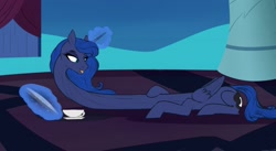 Size: 1280x699 | Tagged: safe, artist:astr0zone, character:princess luna, species:alicorn, species:pony, book, cup, female, food, glowing horn, happy, hoof on neck, horn, impossibly long neck, levitation, long neck, looking at self, looking back, luna's room, magic, mare, massaging, necc, open mouth, princess luneck, prone, rubbing, smiling, solo, stretchy, tea, teacup, telekinesis