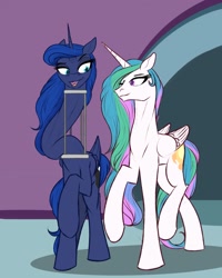Size: 1025x1280 | Tagged: safe, artist:astr0zone, character:princess celestia, character:princess luna, species:alicorn, species:pony, duo, duo female, female, impossibly long neck, long neck, looking at each other, mare, necc, neck brace, neck stretching, one eye closed, open mouth, princess luneck, raised hoof, royal sisters, saggy, siblings, sisters, smiling, stretchy, twisted neck, wink