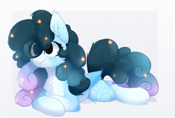 Size: 1305x882 | Tagged: safe, artist:little-sketches, part of a set, oc, oc:stellar constellation, species:pegasus, species:pony, chest fluff, commission, ear fluff, ethereal mane, eye clipping through hair, female, galaxy mane, mare, prone, simple background, solo, two toned wings, white background, wings, ych result