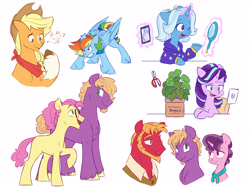 Size: 6000x4500 | Tagged: safe, alternate version, artist:chub-wub, character:applejack, character:big mcintosh, character:li'l cheese, character:little mac, character:phyllis, character:rainbow dash, character:starlight glimmer, character:sugar belle, character:trixie, species:earth pony, species:pegasus, species:pony, species:unicorn, ship:sugarmac, episode:the last problem, g4, my little pony: friendship is magic, alternate hairstyle, angry, applejack's hat, babysitter trixie, bandana, beard, blank flank, cat, chair, chat, chest fluff, clothing, cowboy hat, desk, facial hair, female, glasses, glowing horn, hat, hoodie, horn, levitation, magic, male, mare, markings, mirror, missing cutie mark, older big macintosh, older li'l cheese, older little mac, older sugar belle, one eye closed, open mouth, phone, pigtails, plant, raised hoof, redesign, scissors, shipping, shirt, simple background, stallion, straight, sweat, sweatdrop, telekinesis, twintails, unshorn fetlocks, vest, white background, wink