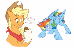 Size: 3285x2133 | Tagged: safe, artist:chub-wub, character:applejack, character:rainbow dash, species:earth pony, species:pegasus, species:pony, alternate hairstyle, angry, applejack's hat, bandana, cat, clothing, cowboy hat, duo, female, food, gritted teeth, hat, mare, markings, pictogram, redesign, simple background, unshorn fetlocks, white background