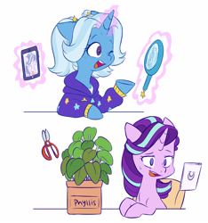 Size: 2724x2913 | Tagged: safe, artist:chub-wub, character:phyllis, character:starlight glimmer, character:trixie, species:pony, species:unicorn, alternate hairstyle, babysitter trixie, chair, chat, clothing, desk, female, glowing horn, hoodie, horn, levitation, magic, mare, mirror, one eye closed, open mouth, phone, pigtails, plant, raised hoof, scissors, simple background, sweat, sweatdrop, telekinesis, twintails, white background, wink