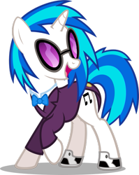 Size: 797x1002 | Tagged: safe, artist:zacatron94, character:dj pon-3, character:vinyl scratch, species:pony, species:unicorn, bow tie, clothing, female, raised hoof, simple background, smiling, solo, suit, transparent background, tuxedo, vector, vinyl's glasses