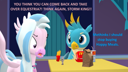 Size: 1920x1080 | Tagged: safe, artist:red4567, character:gallus, character:silverstream, character:storm king, species:griffon, species:hippogriff, newbie artist training grounds, my little pony: the movie (2017), 3d, angry, ape, atg 2020, burger, drink, food, french fries, happy meal, implied storm king, mcdonald's, mcdonald's happy meal toys, source filmmaker, spread wings, toy, wings, yelling, yelling at a toy