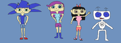 Size: 2538x908 | Tagged: safe, artist:sonicsuperstar1991, artist:user15432, character:rarity, character:sonic the hedgehog, oc, oc:aaliyah, species:human, my little pony:equestria girls, 1000 hours in ms paint, aaliyah, b.e.n, barely eqg related, belly, belly button, bow, clothing, hair bow, humanized, sega, sonic the hedgehog (series)