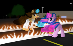 Size: 7000x4430 | Tagged: safe, artist:ejlightning007arts, oc, oc only, oc:ej, oc:hsu amity, species:alicorn, species:pony, back to the future, building, butt, camera, clothing, crossover, doc brown, fire, magic, marty mcfly, not twilight sparkle, parking lot, plot, remote control, streetlight, telekinesis, tree
