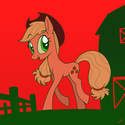 Size: 2250x2250 | Tagged: safe, artist:docwario, character:applejack, species:earth pony, species:pony, barn, female, looking at you, open mouth, outdoors, smiling, solo, standing