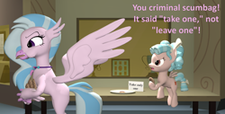 Size: 1920x978 | Tagged: safe, artist:red4567, character:cozy glow, character:silverstream, species:pony, newbie artist training grounds, 3d, atg 2020, cookie, even evil has standards, food, greedy, pure unfiltered evil, quotes, source filmmaker, this will end in colic
