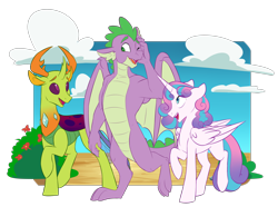 Size: 1280x951 | Tagged: safe, artist:chub-wub, character:princess flurry heart, character:spike, character:thorax, species:alicorn, species:changeling, species:dragon, species:pony, species:reformed changeling, female, male, mare, older, older flurry heart, older spike, one eye closed, redraw, simple background, smiling, transparent background, trio, winged spike