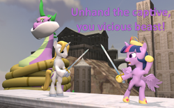 Size: 1746x1080 | Tagged: safe, artist:red4567, character:prince blueblood, character:spike, character:twilight sparkle, character:twilight sparkle (alicorn), species:alicorn, species:pony, newbie artist training grounds, 3d, atg 2020, big crown thingy, bondage, bound and gagged, element of magic, fairy tale, fight, gag, jewelry, regalia, role reversal, source filmmaker, spikezilla, sword, tied up, weapon
