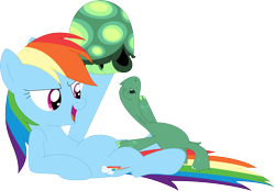 Size: 3557x2470 | Tagged: safe, artist:porygon2z, character:rainbow dash, character:tank, species:pegasus, species:pony, anatomically incorrect, female, male, mare, no shell, on back, playing, shell, simple background, teasing, tortoise, transparent background, vector