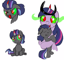 Size: 2535x2366 | Tagged: safe, artist:xwhitedreamsx, character:twilight sparkle, character:twilight sparkle (unicorn), oc, oc:shade armurg, parent:king sombra, parent:twilight sparkle, parents:twibra, species:pony, species:umbrum, species:unicorn, blank flank, colored horn, crown, curved horn, duo, female, horn, hug, jewelry, male, mother and child, mother and son, offspring, regalia, sombra eyes, sombra horn, tiara