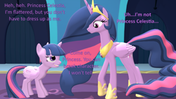 Size: 1920x1080 | Tagged: safe, artist:red4567, character:twilight sparkle, character:twilight sparkle (alicorn), species:alicorn, species:pony, newbie artist training grounds, episode:the last problem, g4, my little pony: friendship is magic, 3d, atg 2020, crown, dialogue, ethereal hair, ethereal mane, hoof shoes, jewelry, necklace, ponidox, princess twilight 2.0, regalia, self paradox, self ponidox, sfm pony, size difference, source filmmaker, this will end in twilighting, tiara, time paradox