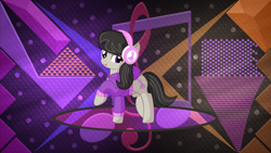 Size: 3840x2160 | Tagged: safe, artist:cyanlightning, artist:laszlvfx, edit, character:octavia melody, species:earth pony, species:pony, clothing, cute, ear fluff, female, headphones, hoodie, solo, tavibetes, tongue out, wallpaper, wallpaper edit